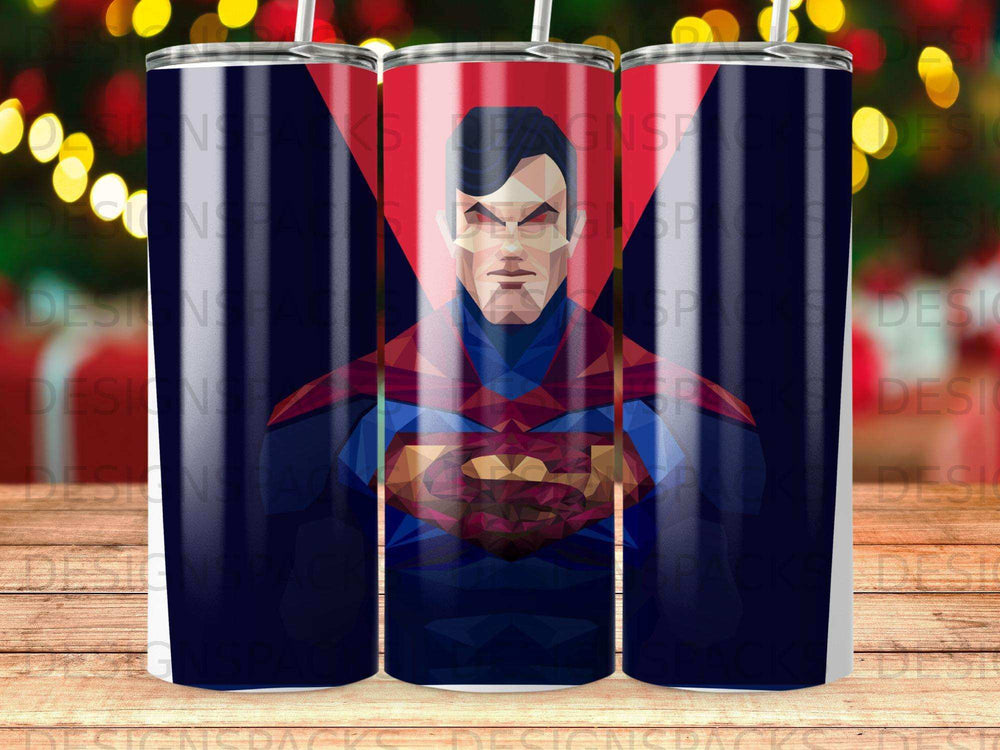 Superman geometric art on a tumbler, with blue, red, and yellow accents.