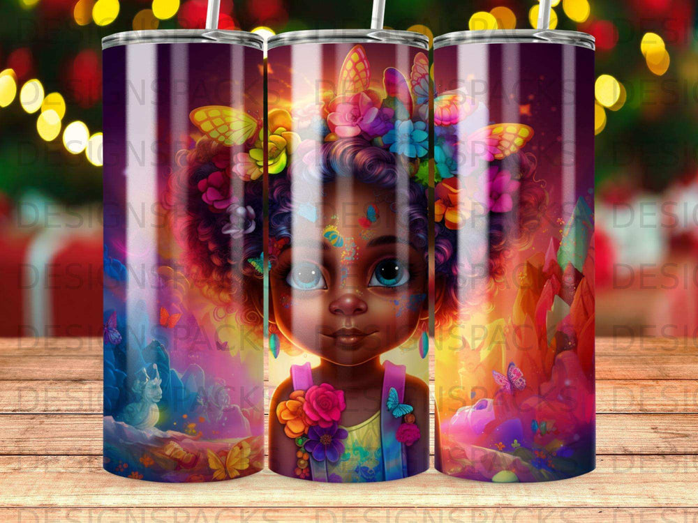 Colorful tumbler with a young girl with butterflies in her hair.