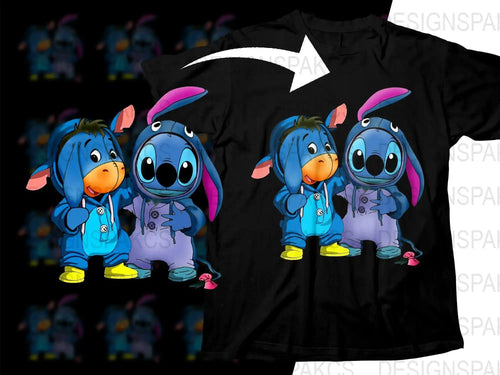 Stitch and Eeyore in bunny costumes on black t-shirt, print-ready design for DTG/DTF