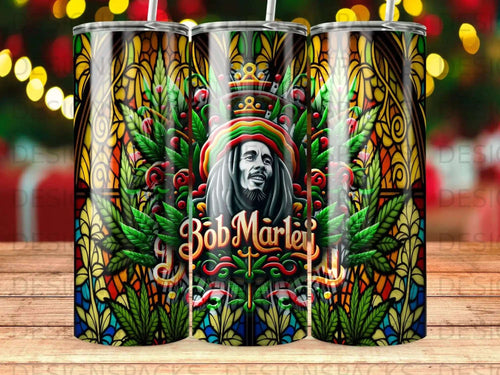 Bob Marley portrait on a tumbler with stained-glass and cannabis leaf design.