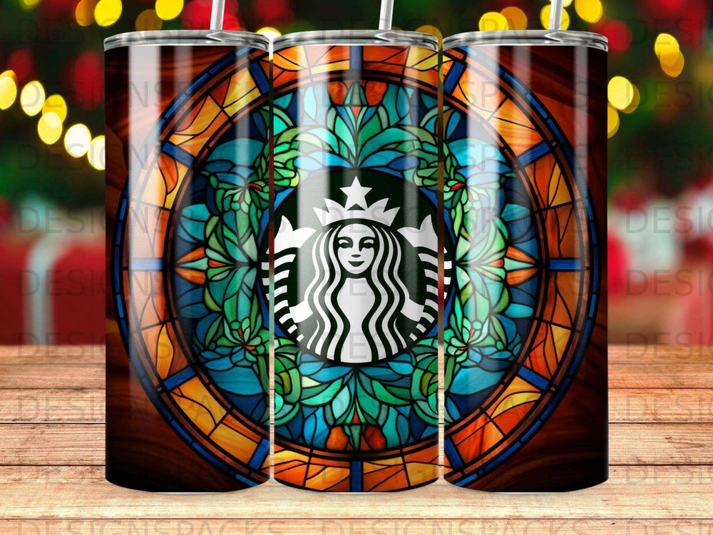 Starbucks logo within a stained glass window pattern.
