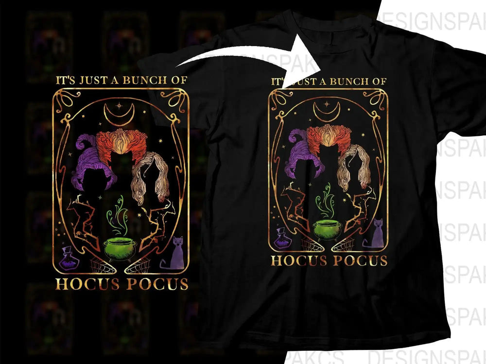 Hocus Pocus witches design on black t-shirt, print-ready for DTF DTG, Halloween graphic tee