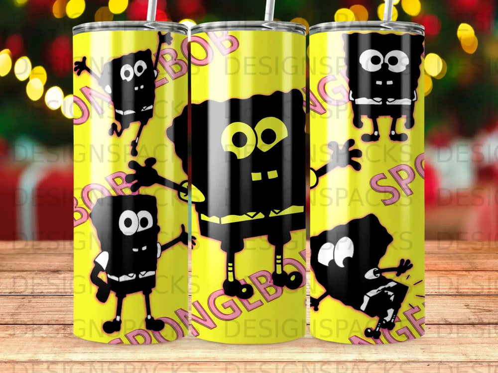 SpongeBob SquarePants characters on a yellow tumbler with abstract lights.
