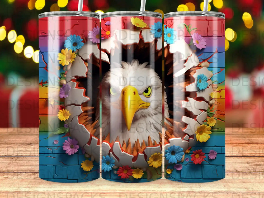 Eagle's head bursting through a cracked, colorful floral design.