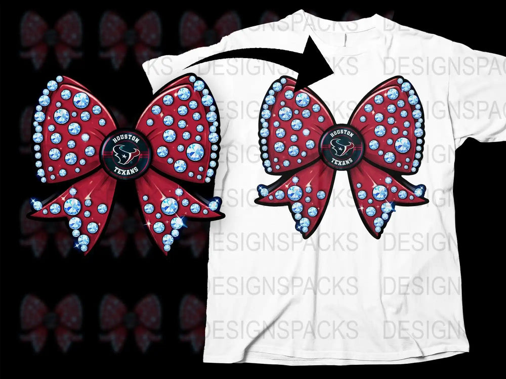 Houston Texans Bow Rhinestone T-Shirt, Red and Blue Sparkly Bow, Women's Football Fan Apparel, Gift for Sports Fans