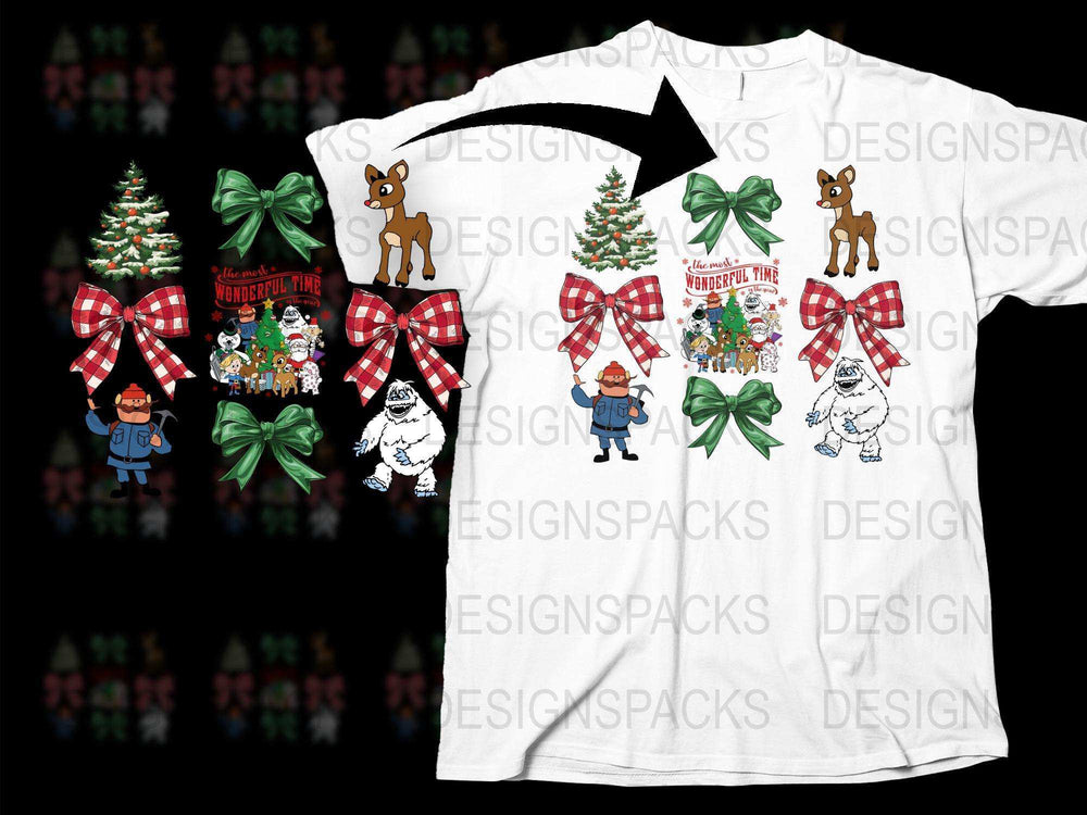 Festive Holiday T-Shirt with Christmas Trees, Reindeer, and Snowmen, Perfect for Family Gatherings and Gift Giving