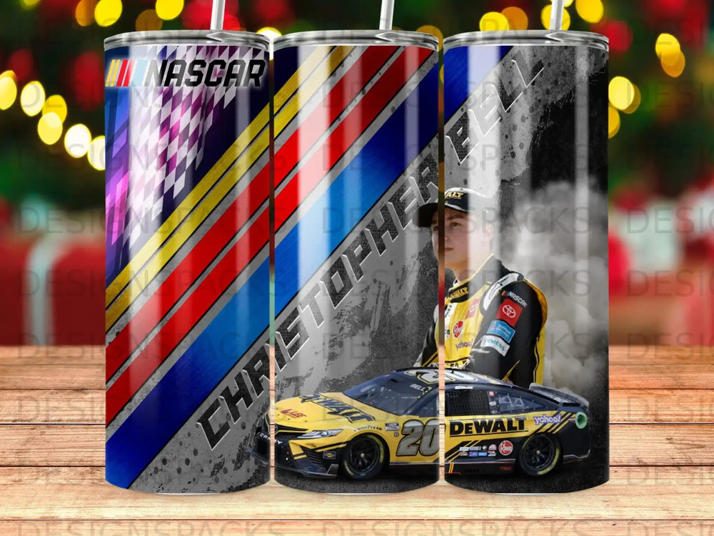NASCAR Christopher Bell #22 yellow and black race car on a tumbler.