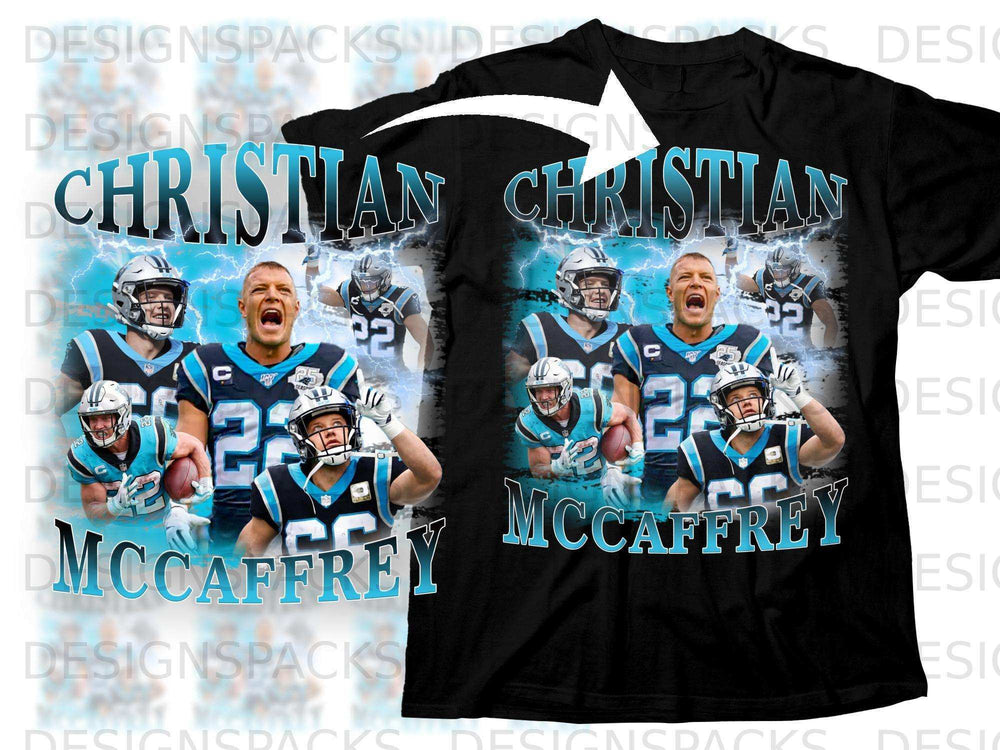 Black t-shirt with Christian McCaffrey graphic and text.