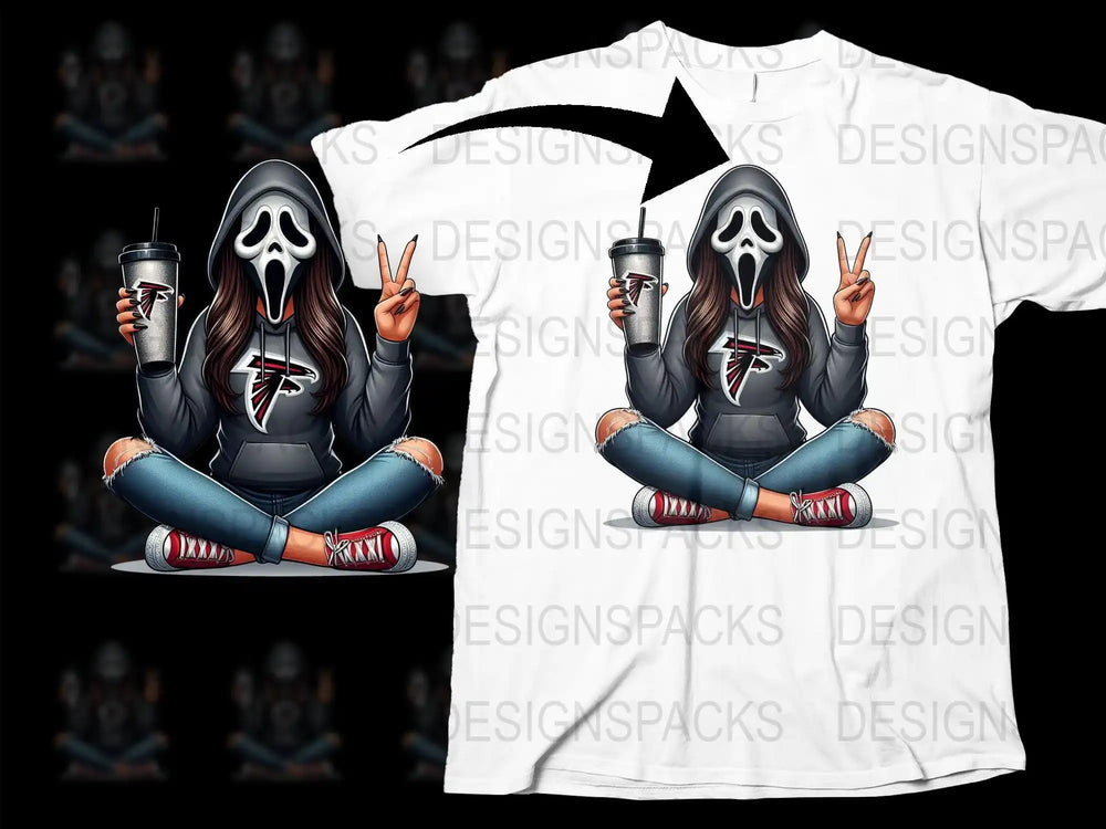 Scream mask girl with Atlanta Falcons logo, holding drink, peace sign, printed on white t-shirt