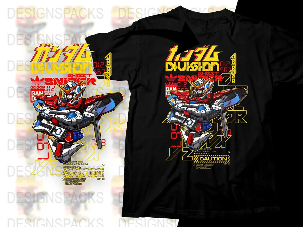 Gundam Division t-shirt design with robot graphic, DTF/DTG print-ready PNG, SVG, PES files for instant download