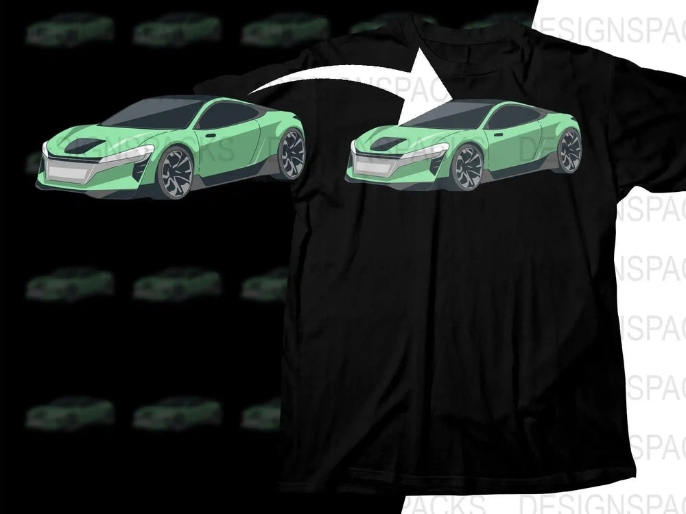 Green sports car design on black t-shirt, print-ready graphic for DTG or DTF printing