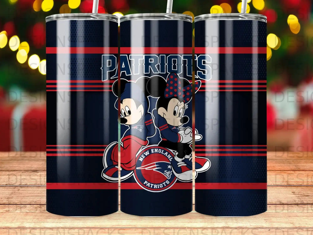 New England Patriots Mickey and Minnie Mouse on a dark blue tumbler.