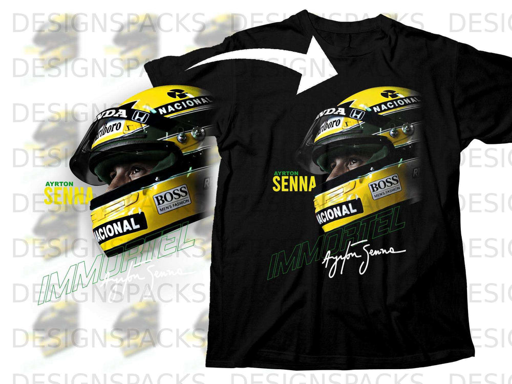 Black t-shirt with Ayrton Senna helmet graphic and signature.
