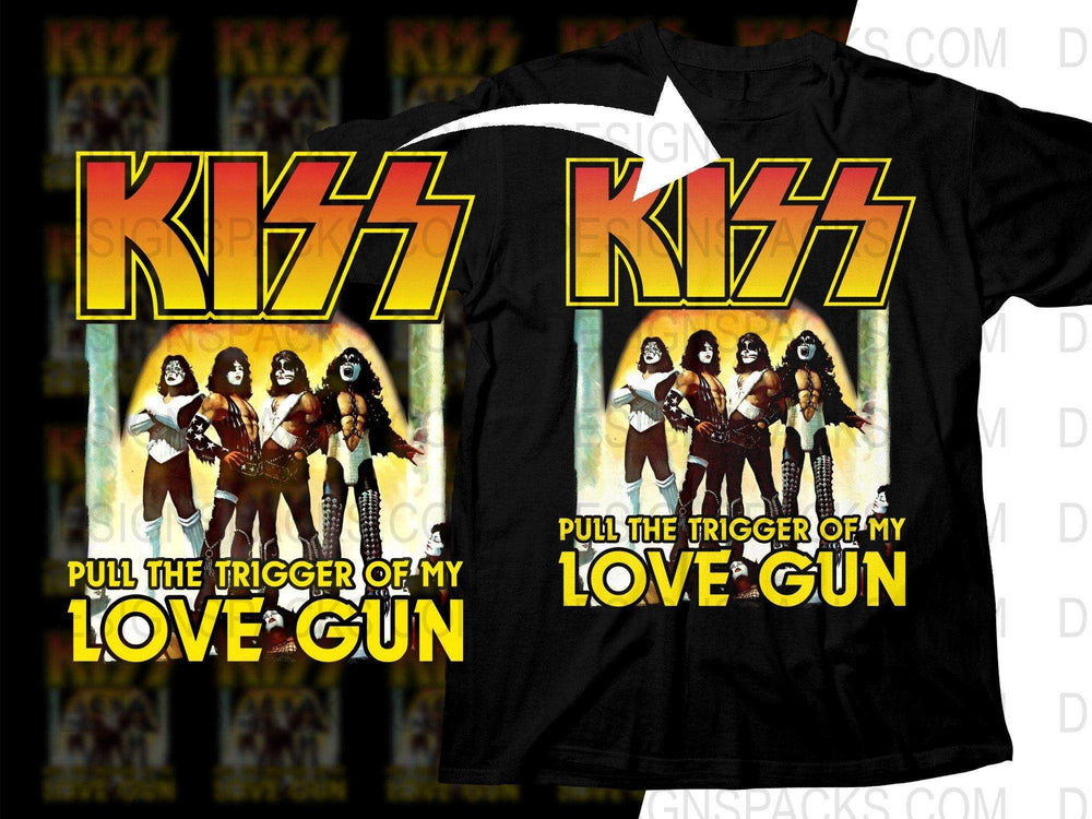 KISS band graphic t-shirt with 'Pull the Trigger of My Love Gun' text, print-ready design