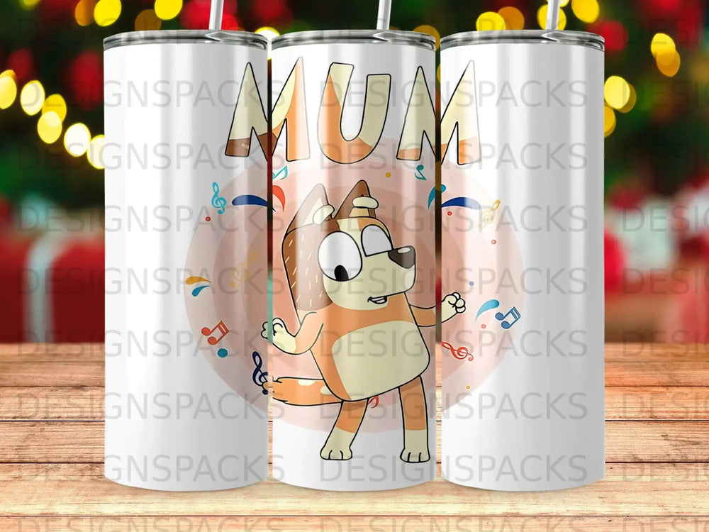 Bluey character and "MUM" text on a tumbler with blurred background.