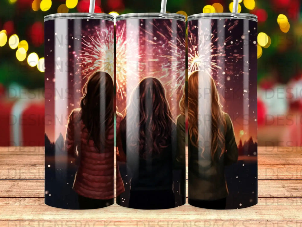Three women watch fireworks display from behind.