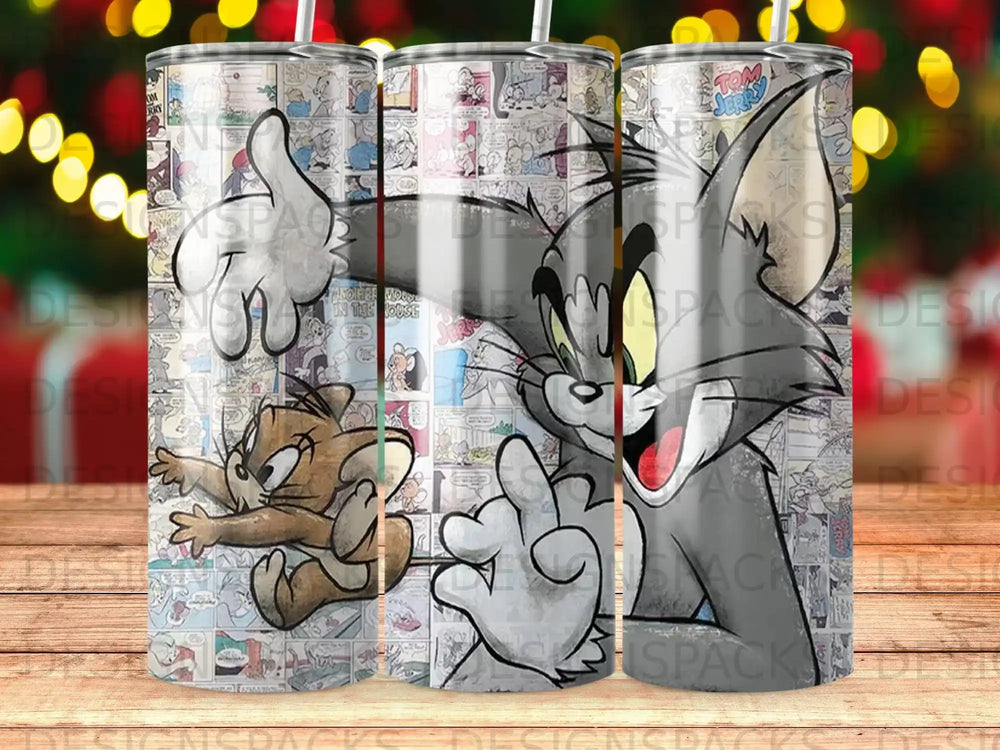 Tom and Jerry cartoon characters on a tumbler with comic book panel background.