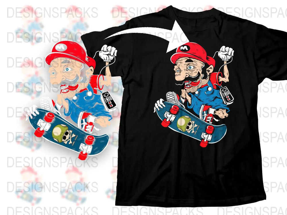 Funky Cartoon Skateboarder T-Shirt, Cool Skater Mario Graphic Tee, Unique Streetwear, Youthful Urban Fashion Top