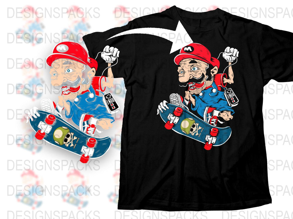 Funky Cartoon Skateboarder T-Shirt, Cool Skater Mario Graphic Tee, Unique Streetwear, Youthful Urban Fashion Top