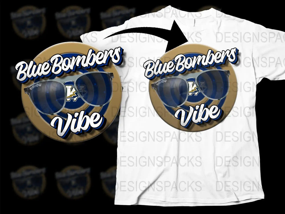 Blue Bombers Vibe t-shirt design with sunglasses and team logo, print-ready for DTG or DTF