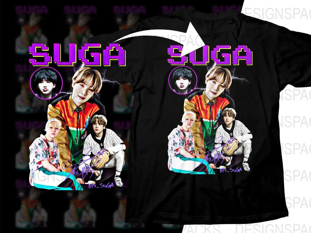 SUGA BTS fan t-shirt design with vibrant graphics and signatures, perfect for K-pop merch
