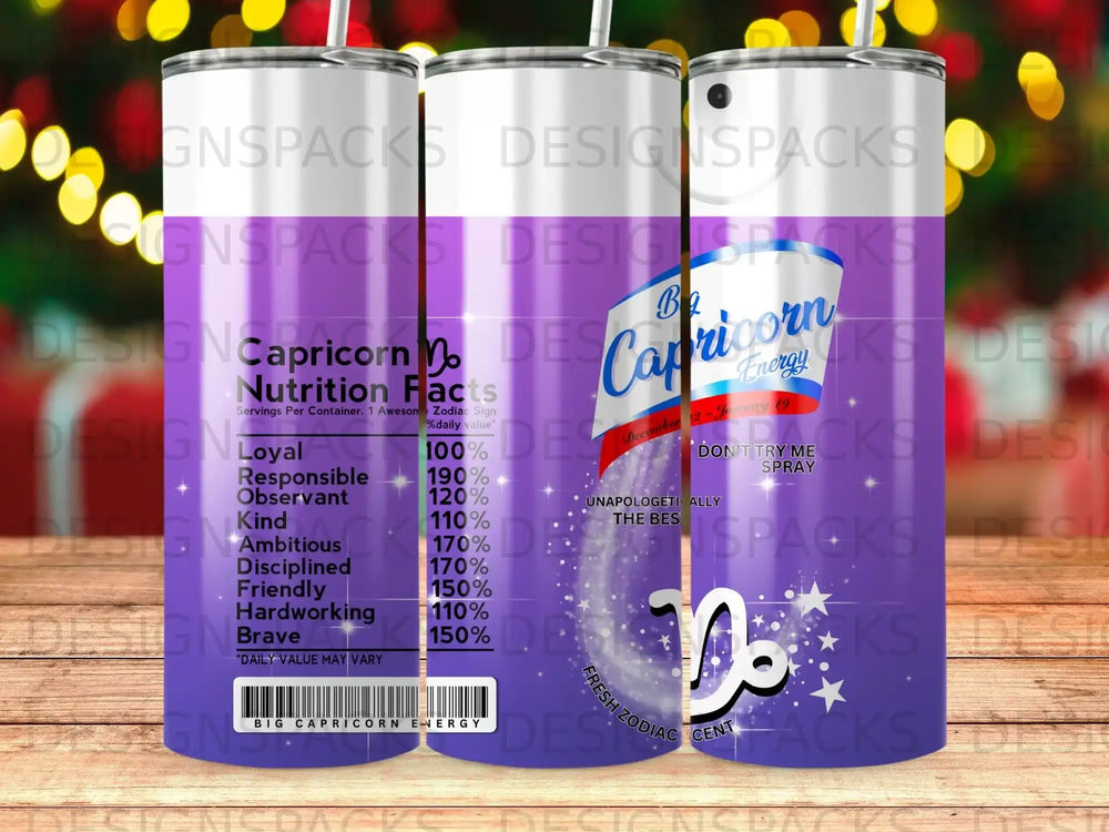 Capricorn zodiac sign tumbler with nutrition facts and "Don't try me" text.