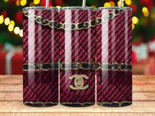 Red textured tumbler with gold chain and Chanel logo design.