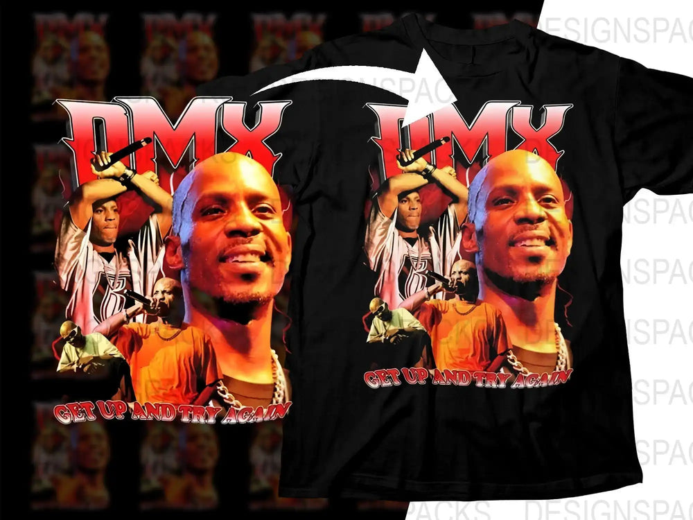 DMX concert graphic t-shirt design with 'Get Up and Try Again' text, print-ready for DTG or DTF