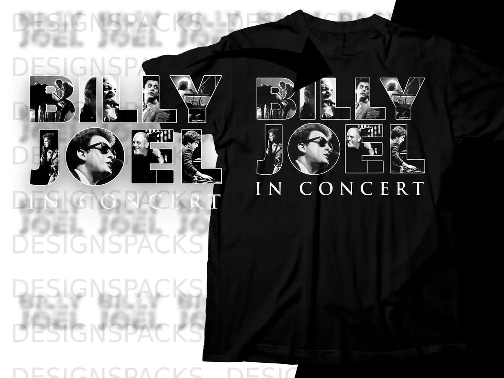 Black t-shirt with "Billy Joel" text and concert images.