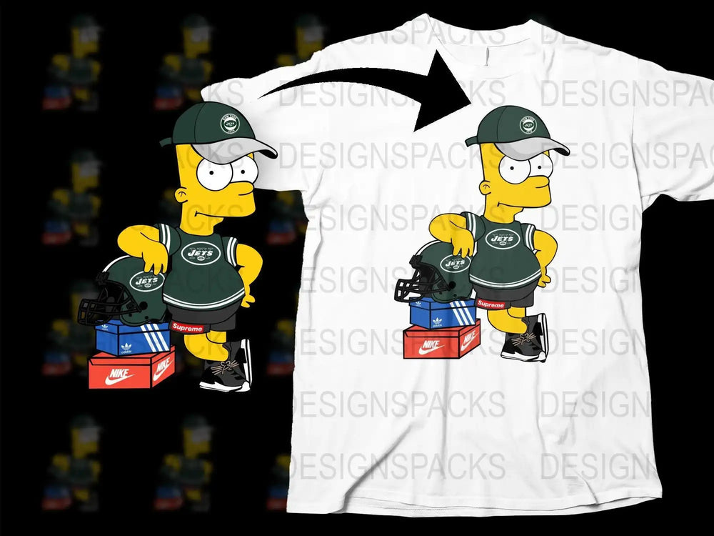 Homer Simpson in New York Jets gear with Supreme, Nike, Adidas on white t-shirt design
