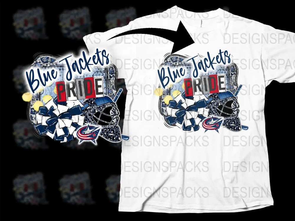 Blue Jackets Pride t-shirt design with hockey gear and team logo, print-ready for DTG/DTF