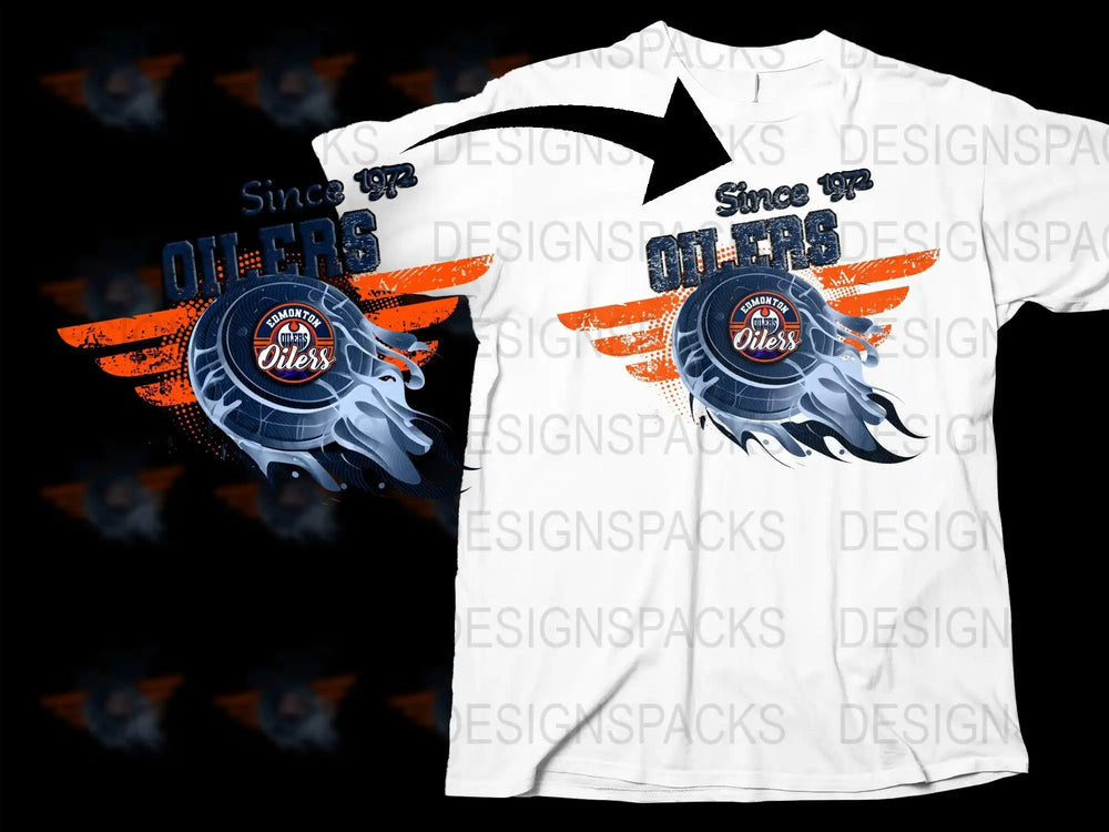 Edmonton Oilers hockey design with wings and flames on white t-shirt, print-ready graphic