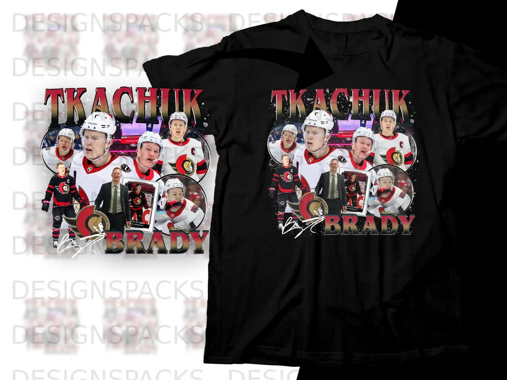 Tkachuk and Brady hockey collage on a black t-shirt.
