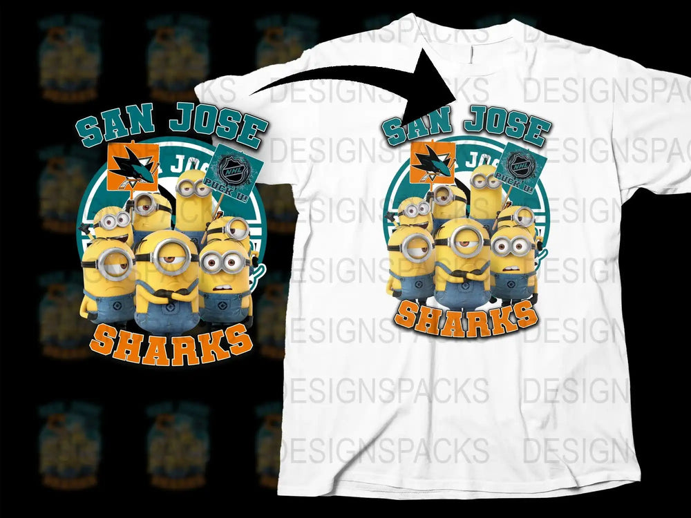 San Jose Sharks Minions t-shirt design with NHL puck graphics and team colors
