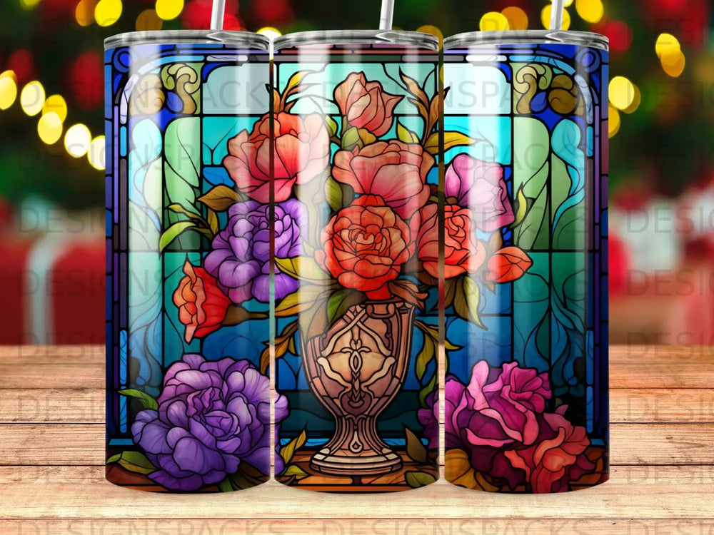 Floral stained glass pattern with vase of roses and peonies.