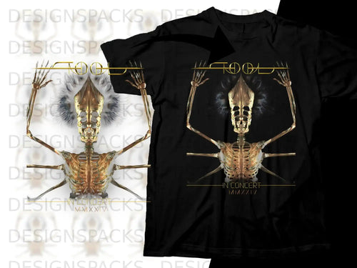 Black t-shirt with a gold skeleton and 