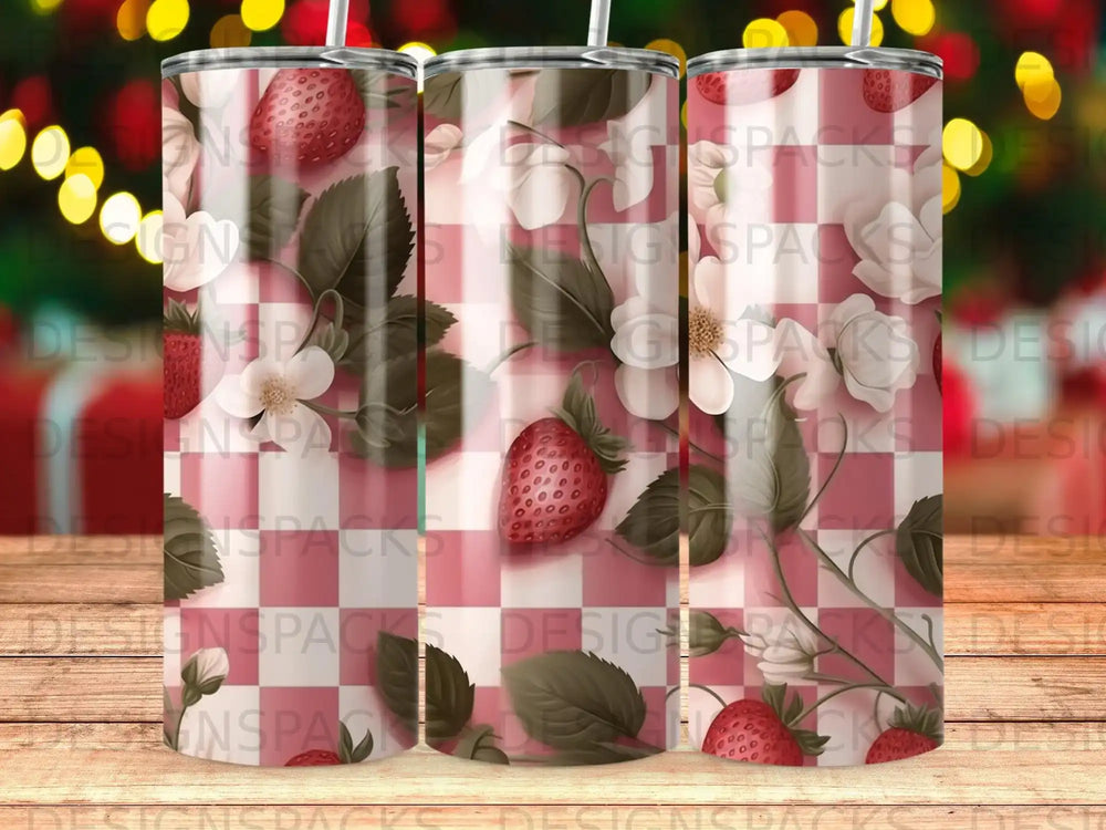 Tumbler with strawberries and checkered pattern.