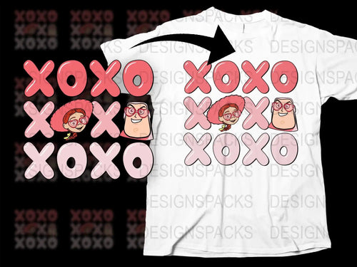 XOXO design with cartoon characters on white t-shirt, perfect for DTF/DTG printing