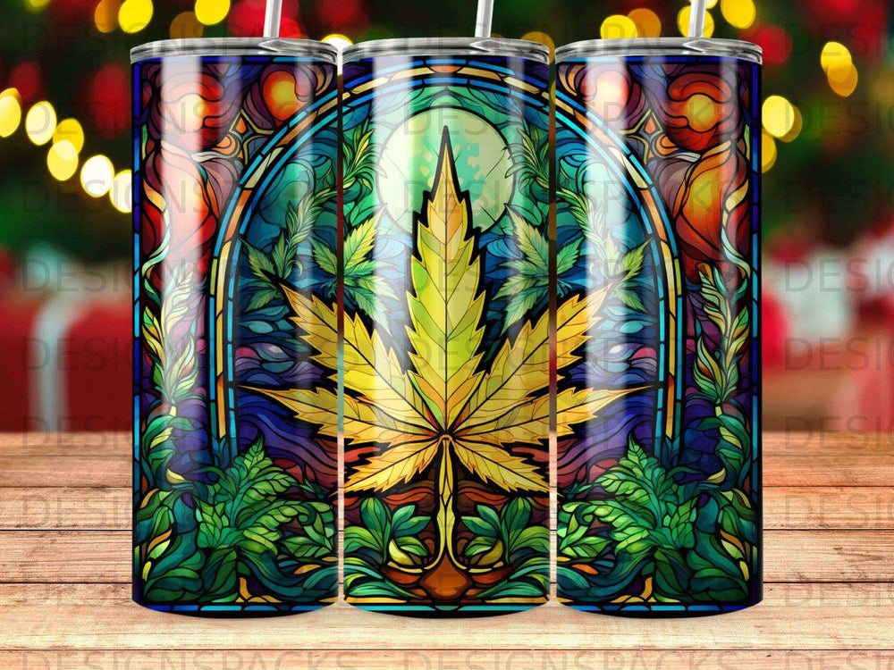 Stained glass style tumbler with cannabis leaf and floral motifs.