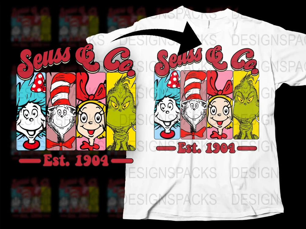Seuss & Co. t-shirt design featuring Dr. Seuss characters, print-ready for DTF/DTG, Est. 1904