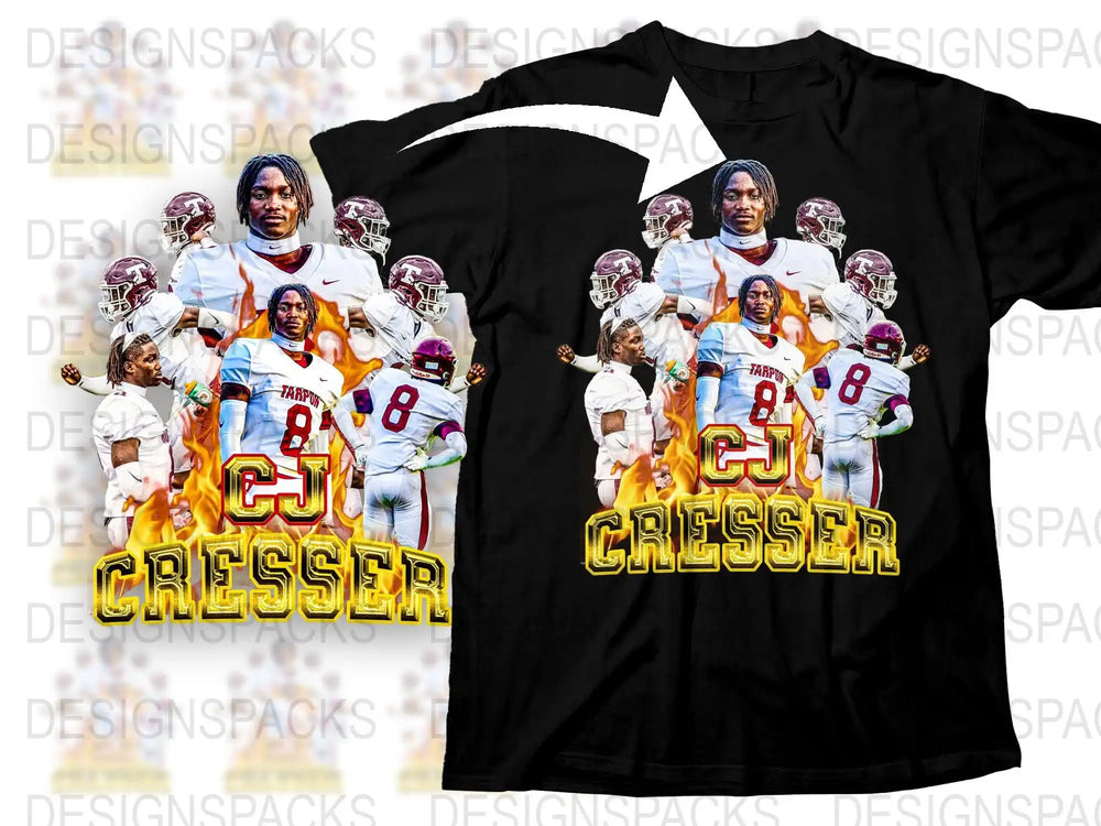 CJ Cresser football design on black t-shirt with flames and team players