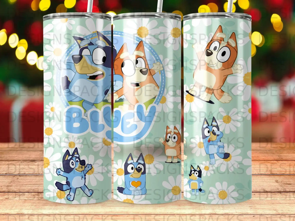 Bluey and Bingo characters on a tumbler with floral background.