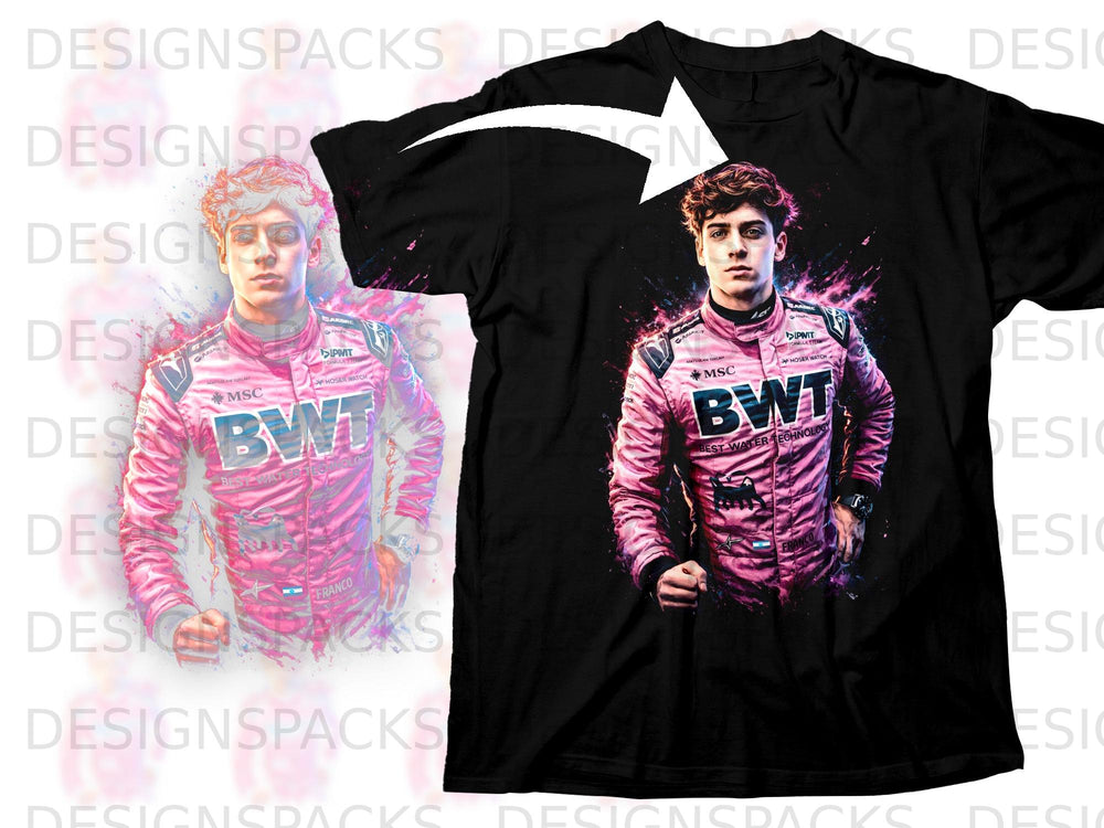 Black t-shirt with a pink racing suit design featuring a man and BWT logo.