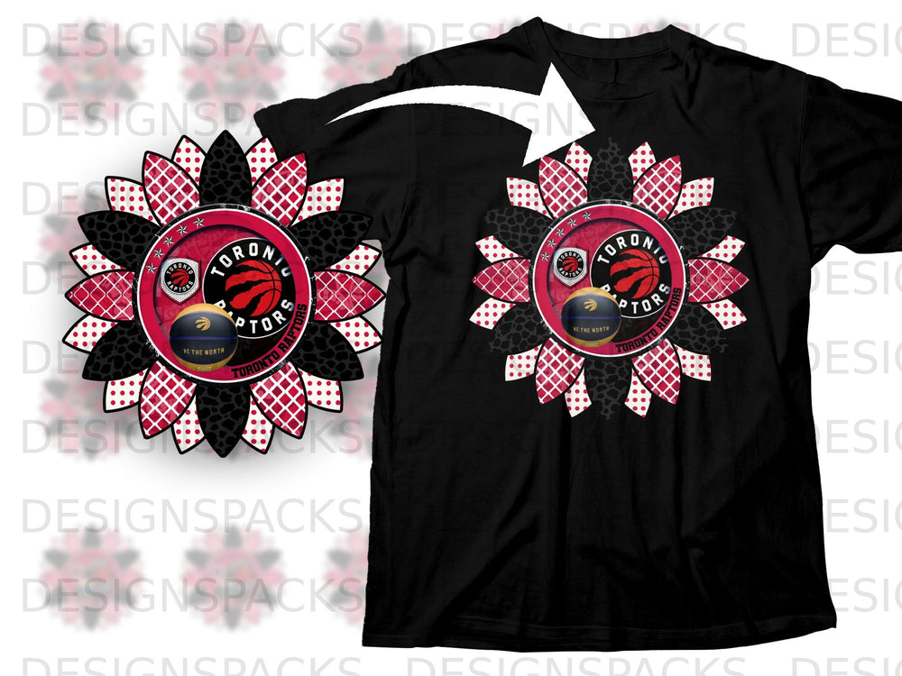 Toronto Raptors sunflower graphic with team logo and basketball on black t-shirt.