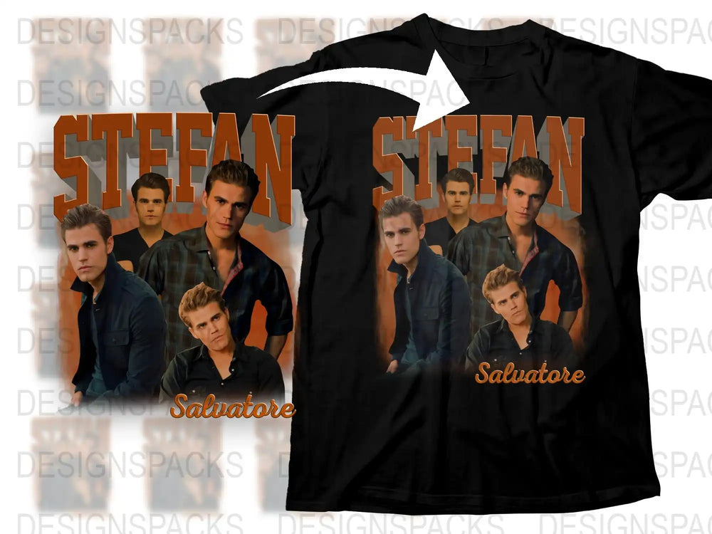 Stefan Salvatore Graphic T-Shirt, Vampire TV Show Fan Merch, Casual Black Tee