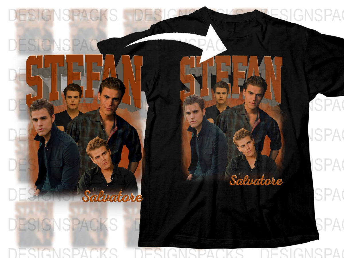 Stefan Salvatore Graphic T-Shirt, Vampire TV Show Fan Merch, Casual Black Tee