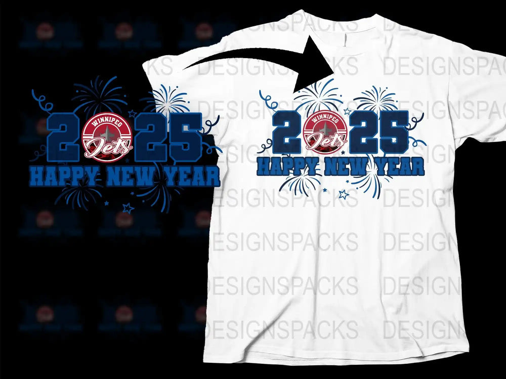Winnipeg Jets 2025 Happy New Year t-shirt design with fireworks and team logo