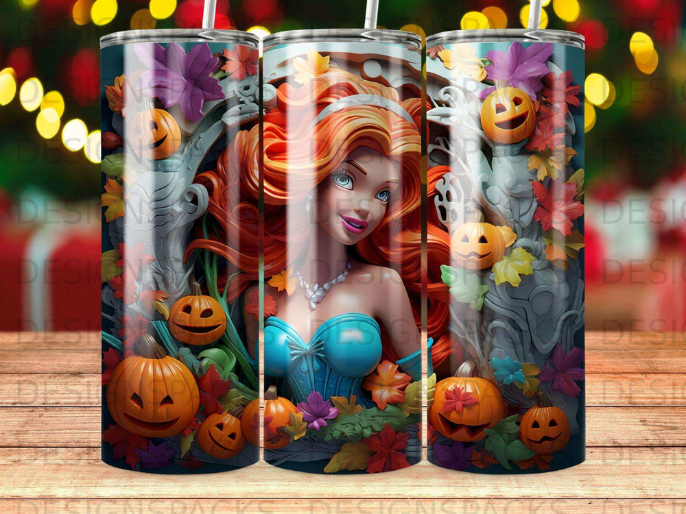 Woman with red hair in blue corset surrounded by pumpkins and autumn leaves.