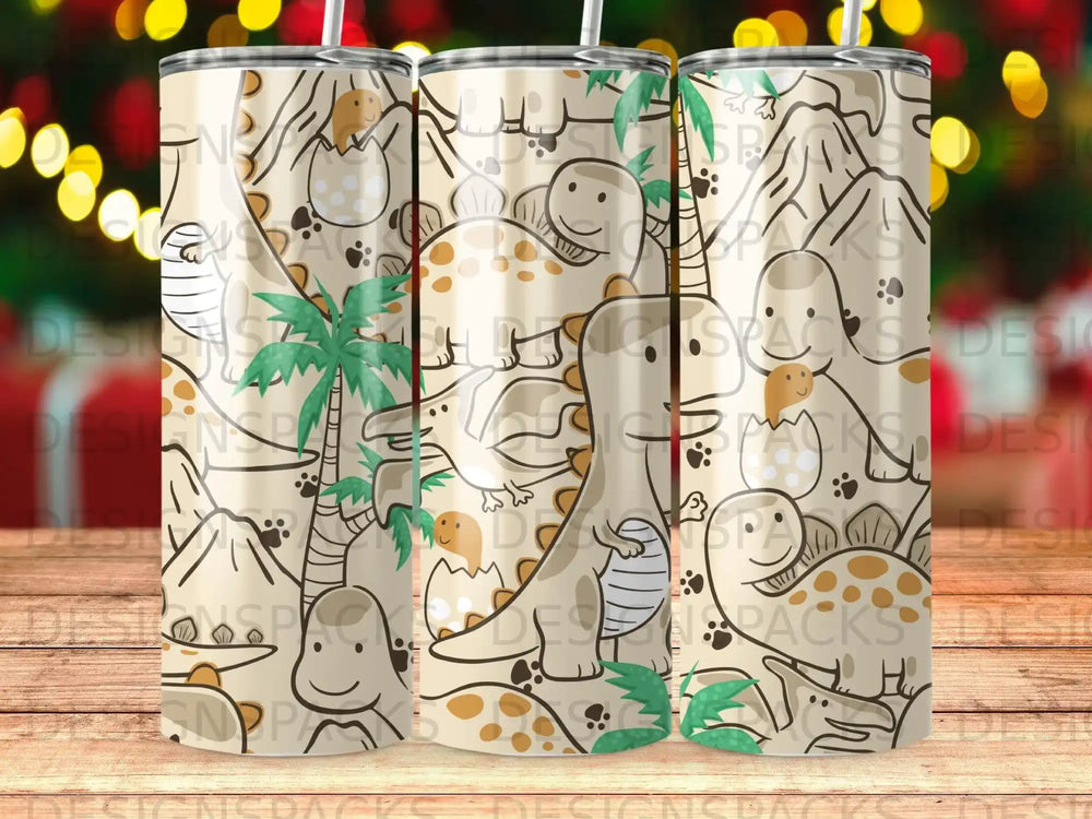 Tumbler with repeating pattern of dinosaurs, palm trees, and eggs.