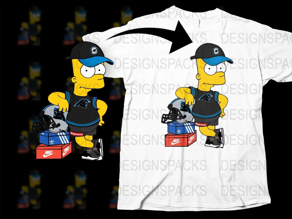 Homer Simpson Carolina Panthers fan design for t-shirt, DTF/DTG print-ready, featuring Supreme, Nike, Adidas